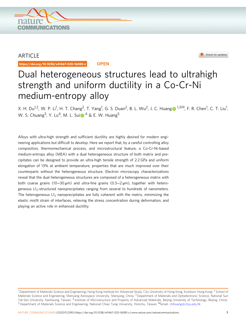 Pdf Dual Heterogeneous Structures Lead To Ultrahigh Strength And Uniform Ductility In A Co Cr Ni Medium Entropy Alloy