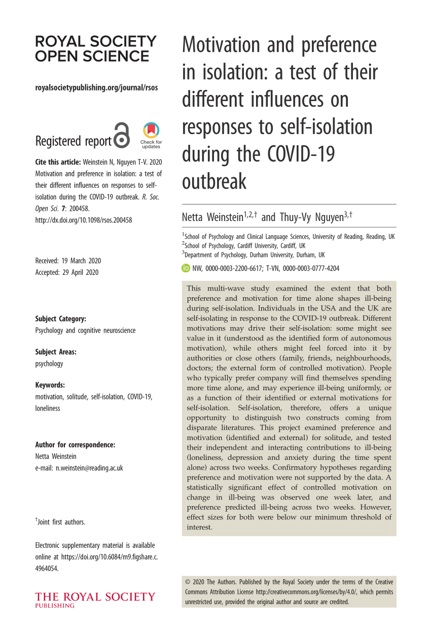 Pdf Motivation And Preference In Isolation A Test Of Their Different Influences On Responses To Self Isolation During The Covid 19 Outbreak