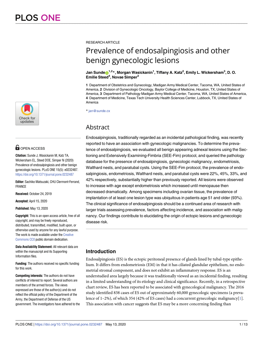 Pdf Prevalence Of Endosalpingiosis And Other Benign Gynecologic Lesions