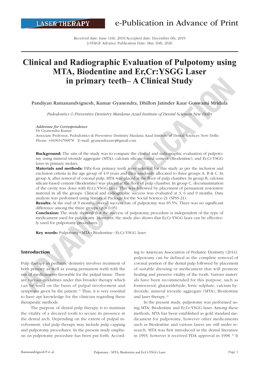 Pdf Clinical And Radiographic Evaluation Of Pulpotomy Using Mta