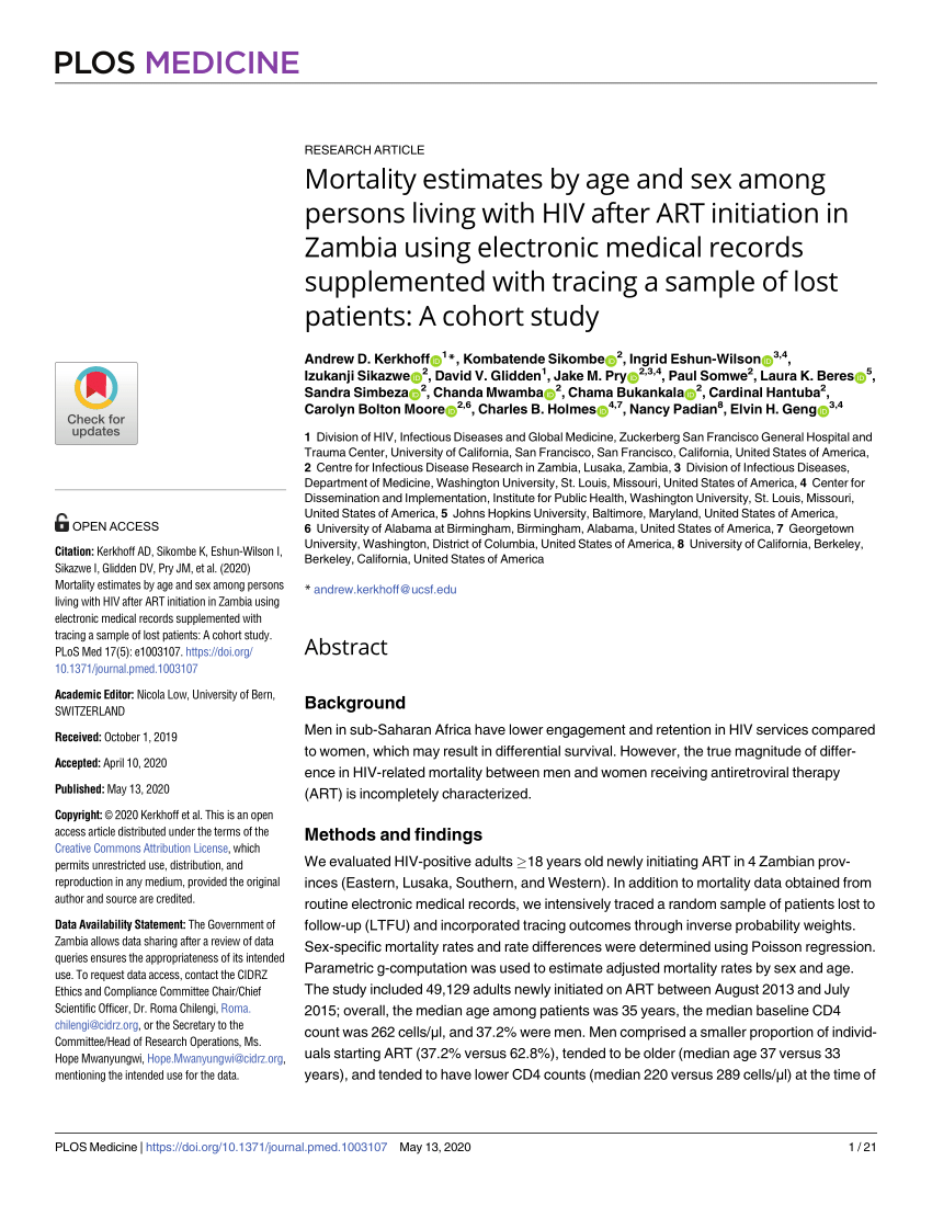 Pdf Mortality Estimates By Age And Sex Among Persons Living With Hiv After Art Initiation In Zambia Using Electronic Medical Records Supplemented With Tracing A Sample Of Lost Patients A Cohort Study