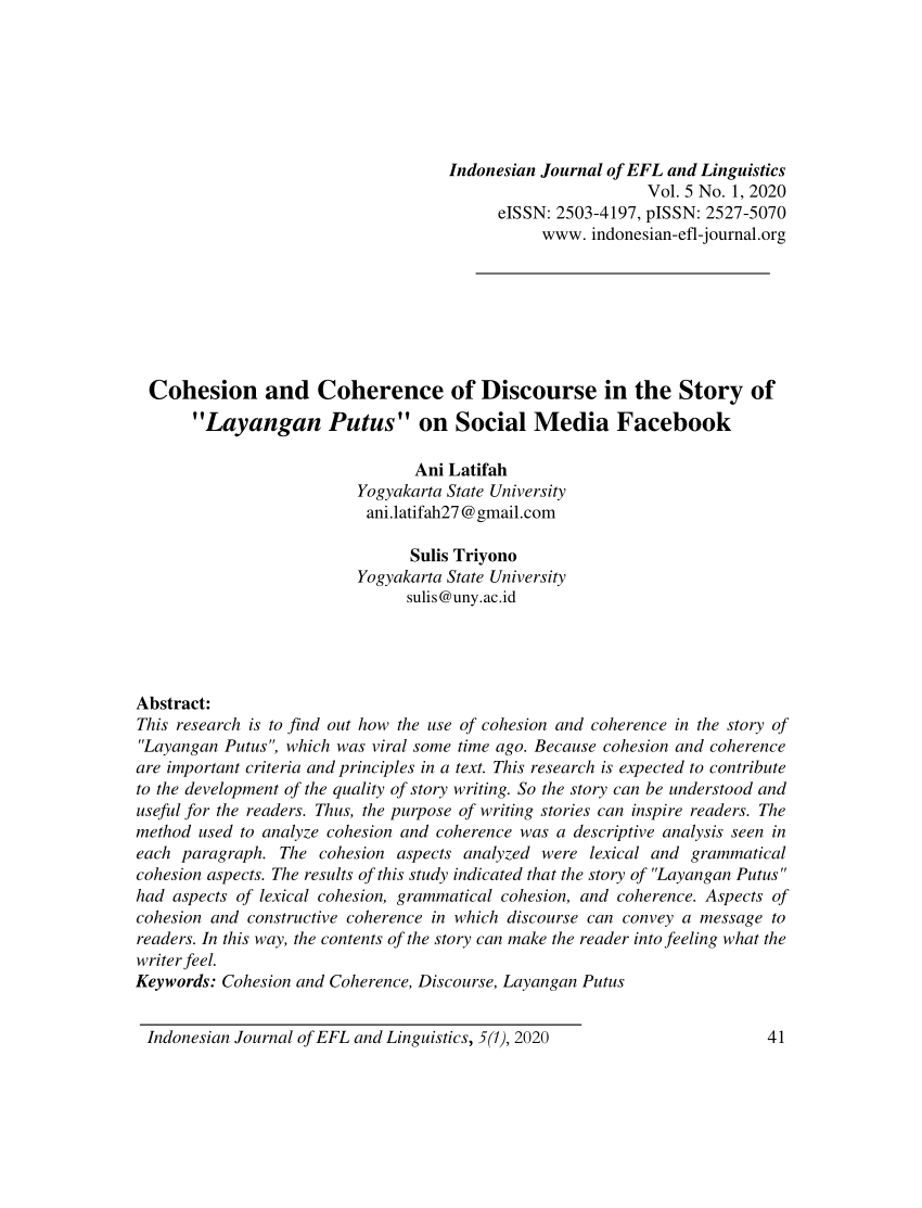 Pdf Cohesion And Coherence Of Discourse In The Story Of Layangan Putus On Social Media Facebook