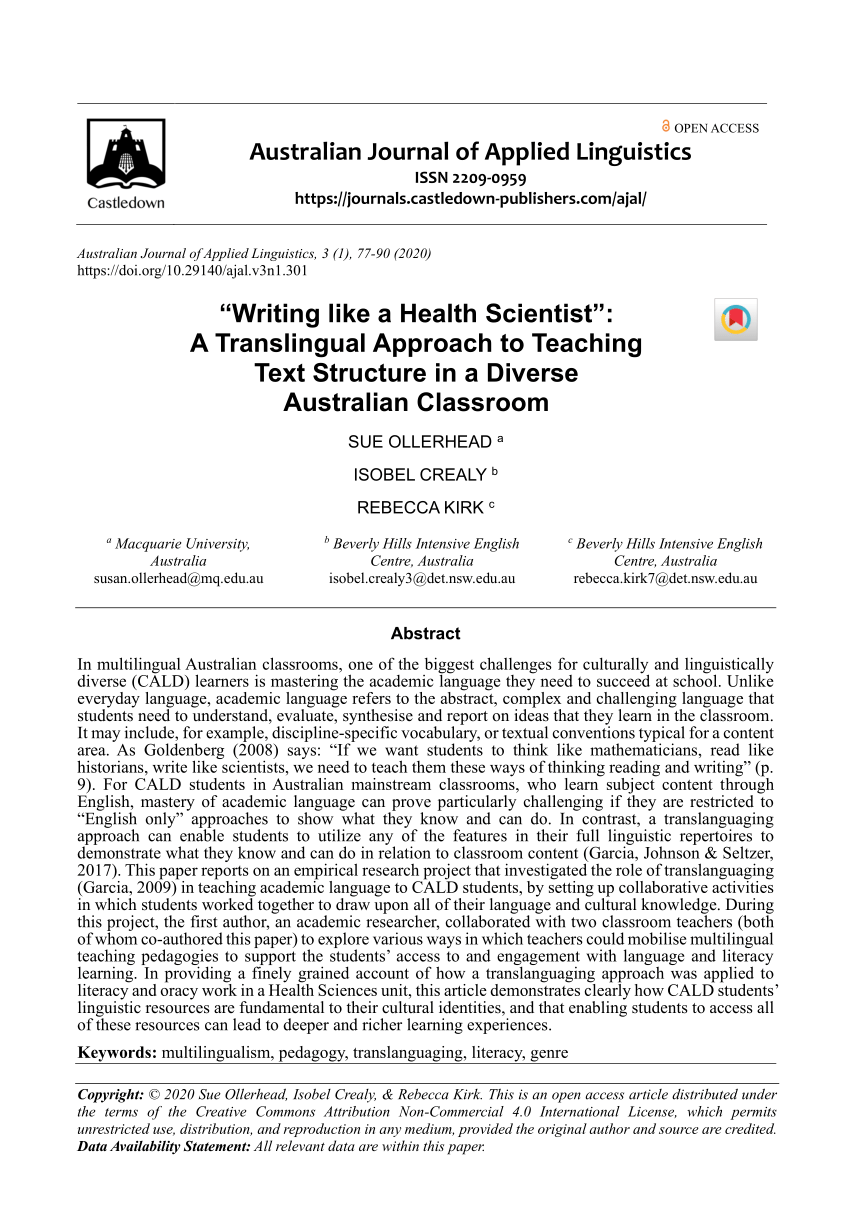 PDF) "Writing like a health scientist": A to teaching text structure in a diverse Australian