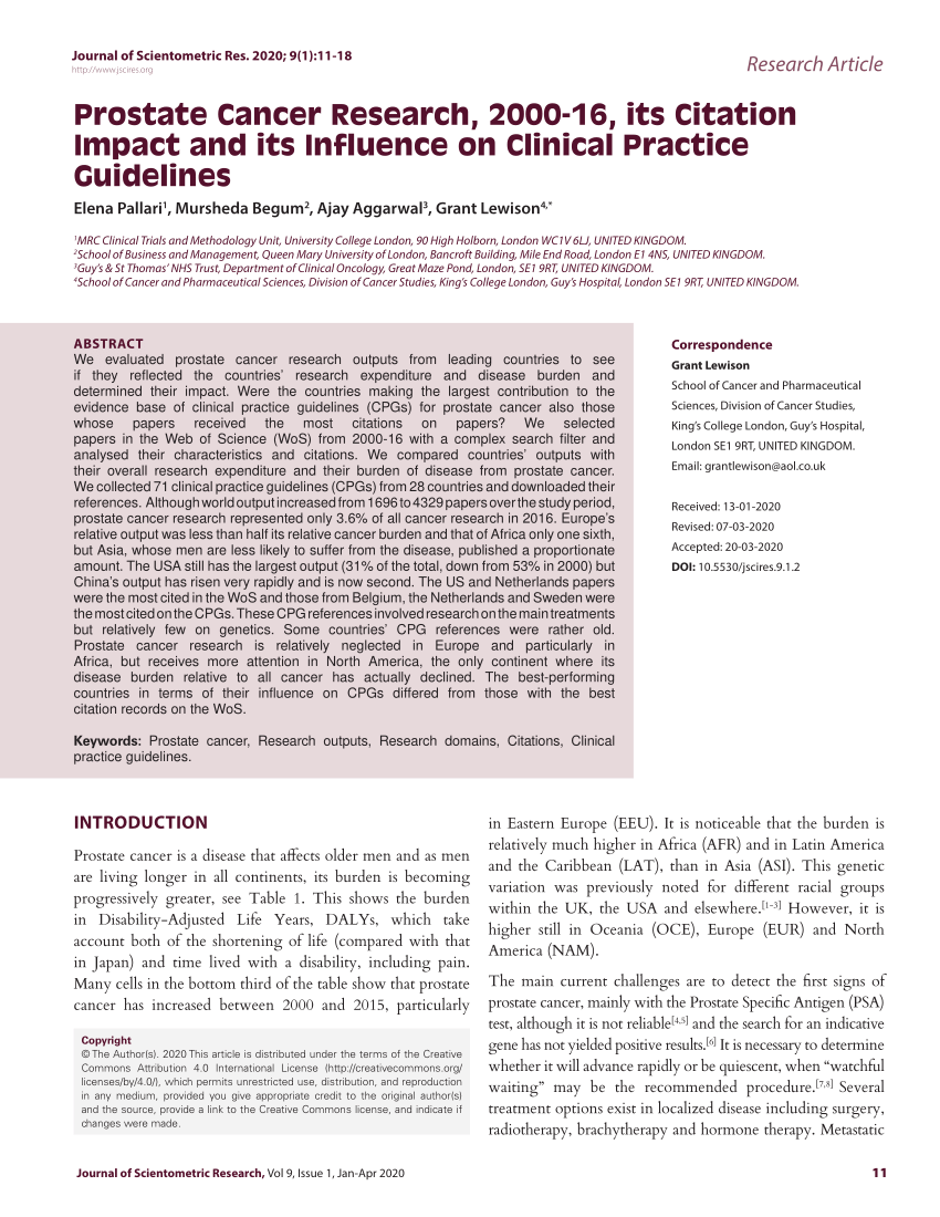 Pdf Prostate Cancer Research 00 16 Its Citation Impact And Its Influence On Clinical Practice Guidelines