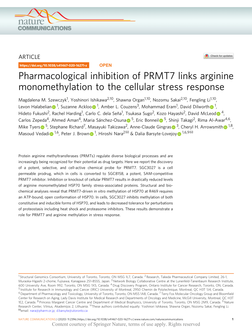 (PDF) Pharmacological inhibition of PRMT7 links arginine monomethylation to  the cellular stress response