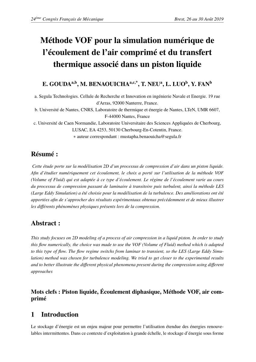 Pdf Methode Vof Pour La Simulation Numerique De L Ecoulement De L Air Comprime Et Du Transfert Thermique Associe Dans Un Piston Liquide