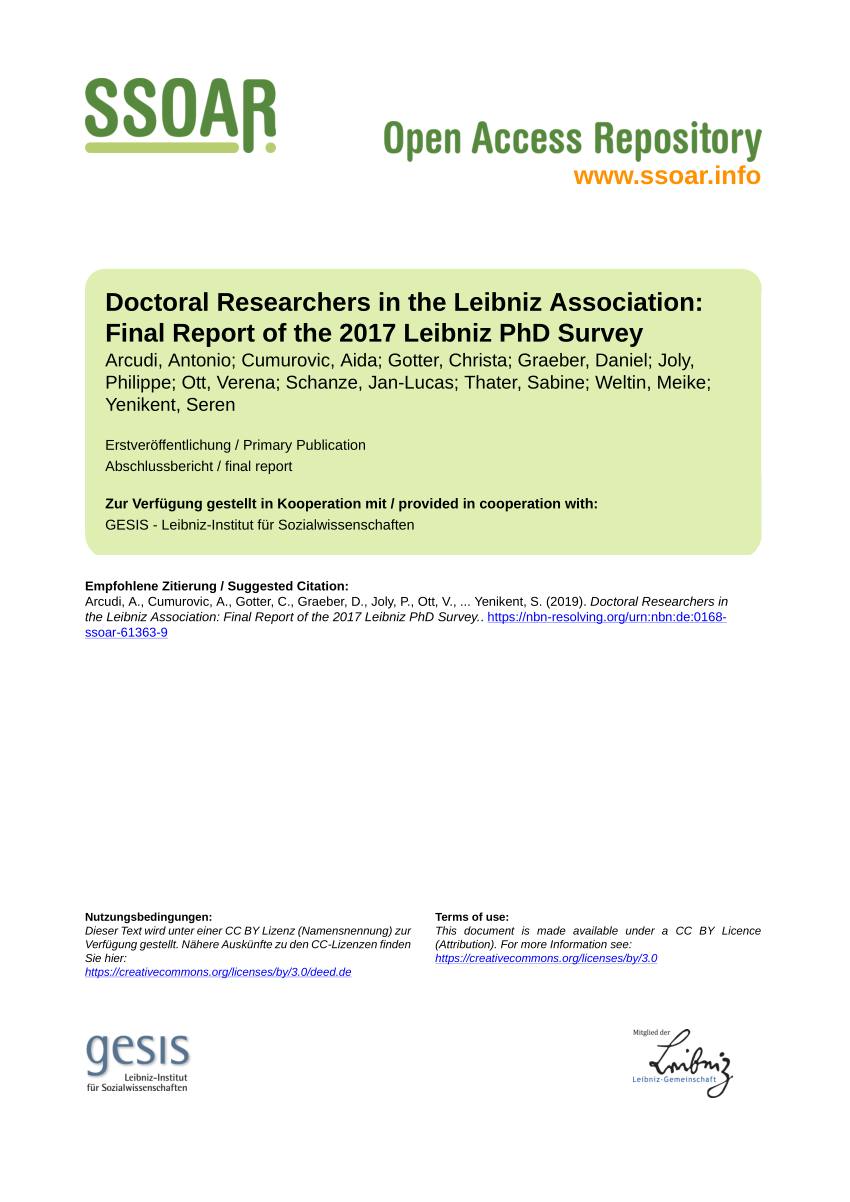 Pdf Doctoral Researchers In The Leibniz Association Final Report Of The 17 Leibniz Phd Survey