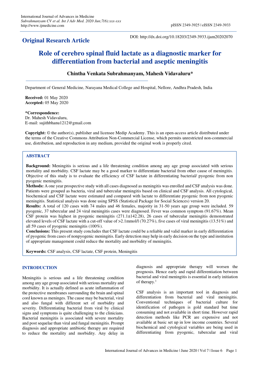 Cerebrospinal fluid lactate level as a diagnostic biomarker for bacterial  meningitis in children, International Journal of Emergency Medicine