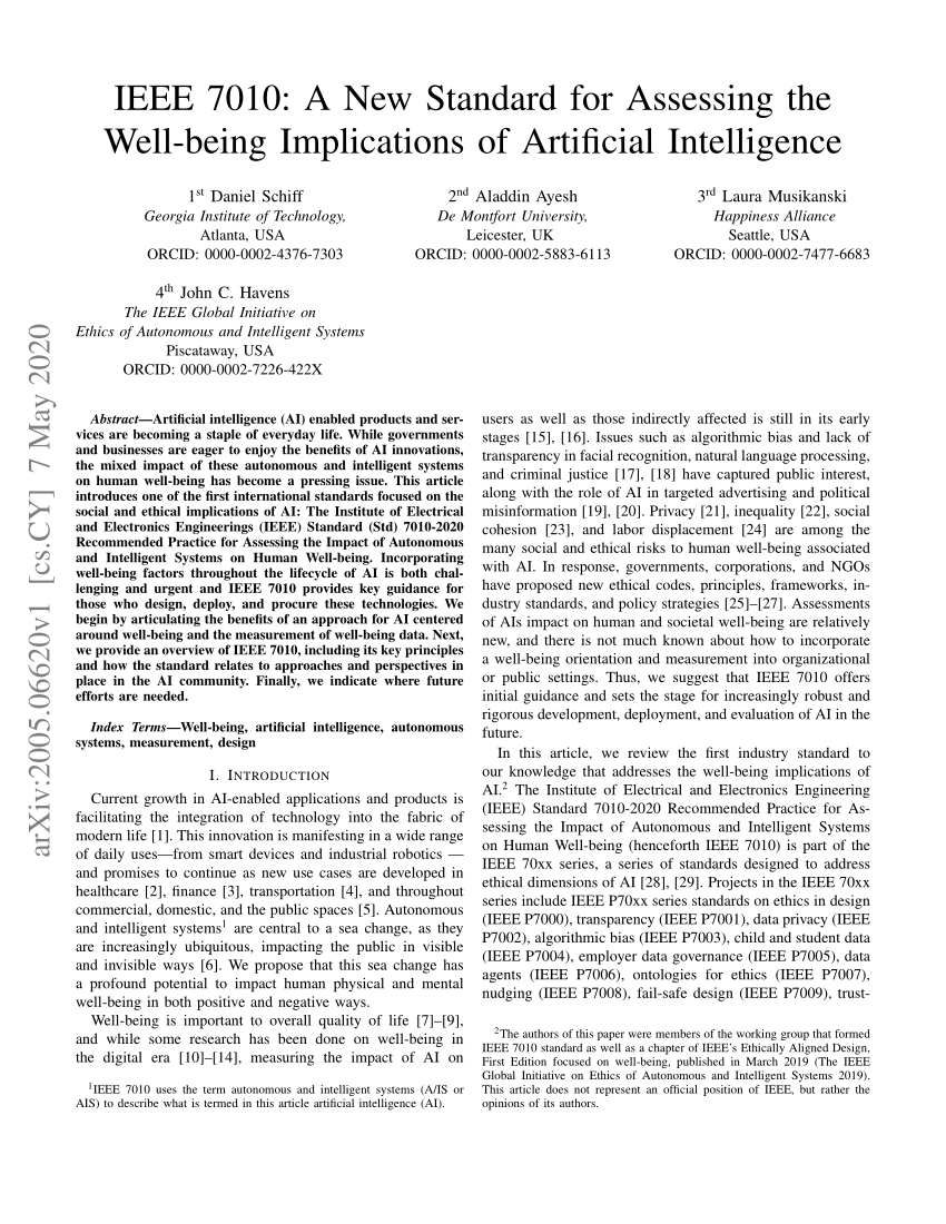 Pdf Ieee 7010 A New Standard For Assessing The Well Being Implications Of Artificial Intelligence