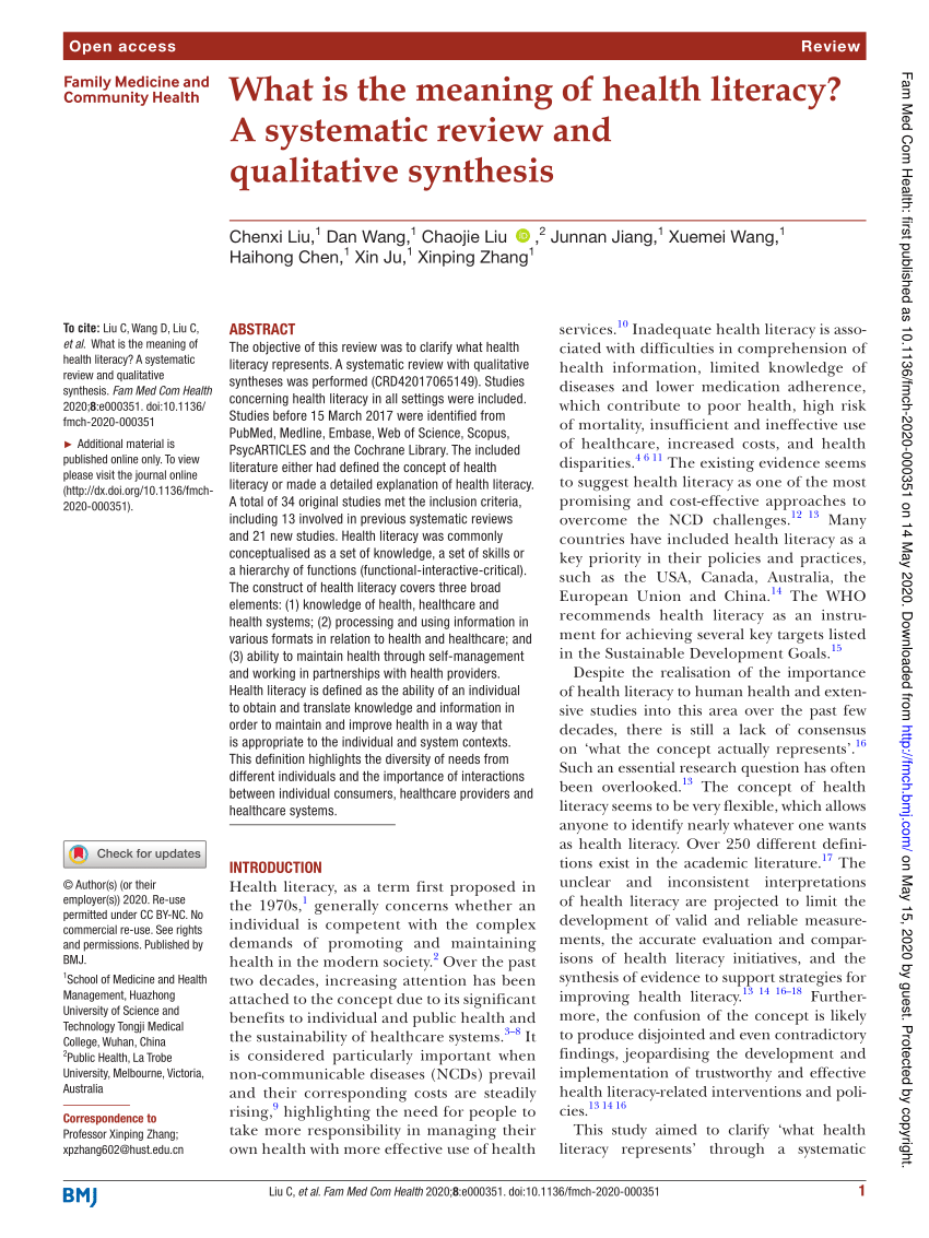 Pdf What Is The Meaning Of Health Literacy A Systematic Review And Qualitative Synthesis