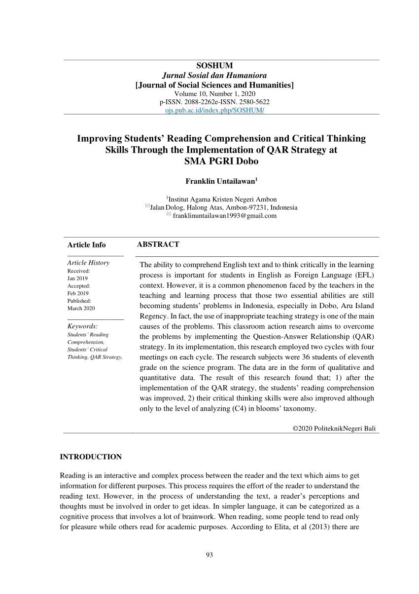 pdf improving students reading comprehension and critical thinking skills through the implementation of qar strategy at sma pgri dobo