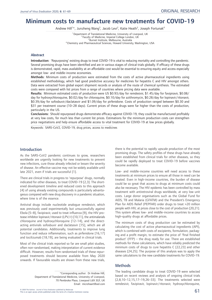 Pdf Minimum Costs To Manufacture New Treatments For Covid 19