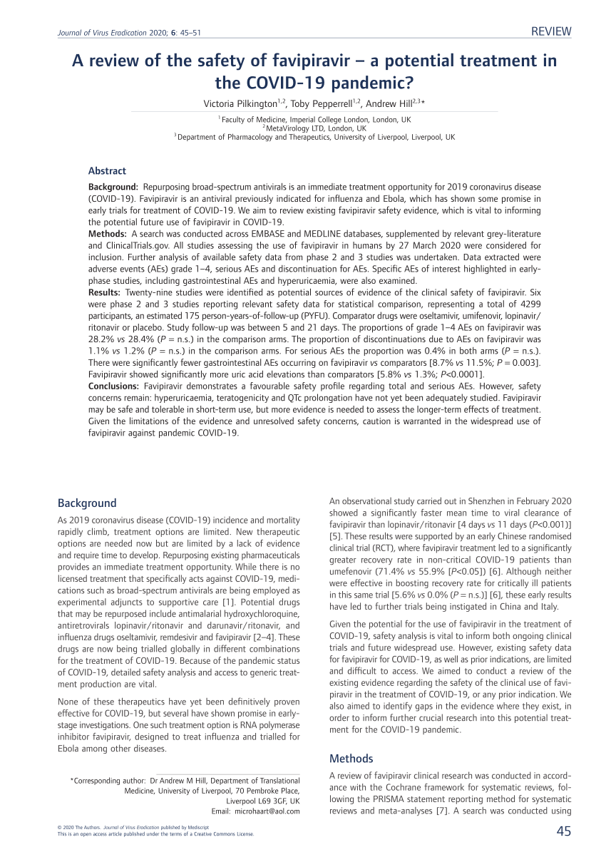 Pdf A Review Of The Safety Of Favipiravir A Potential Treatment In The Covid 19 Pandemic