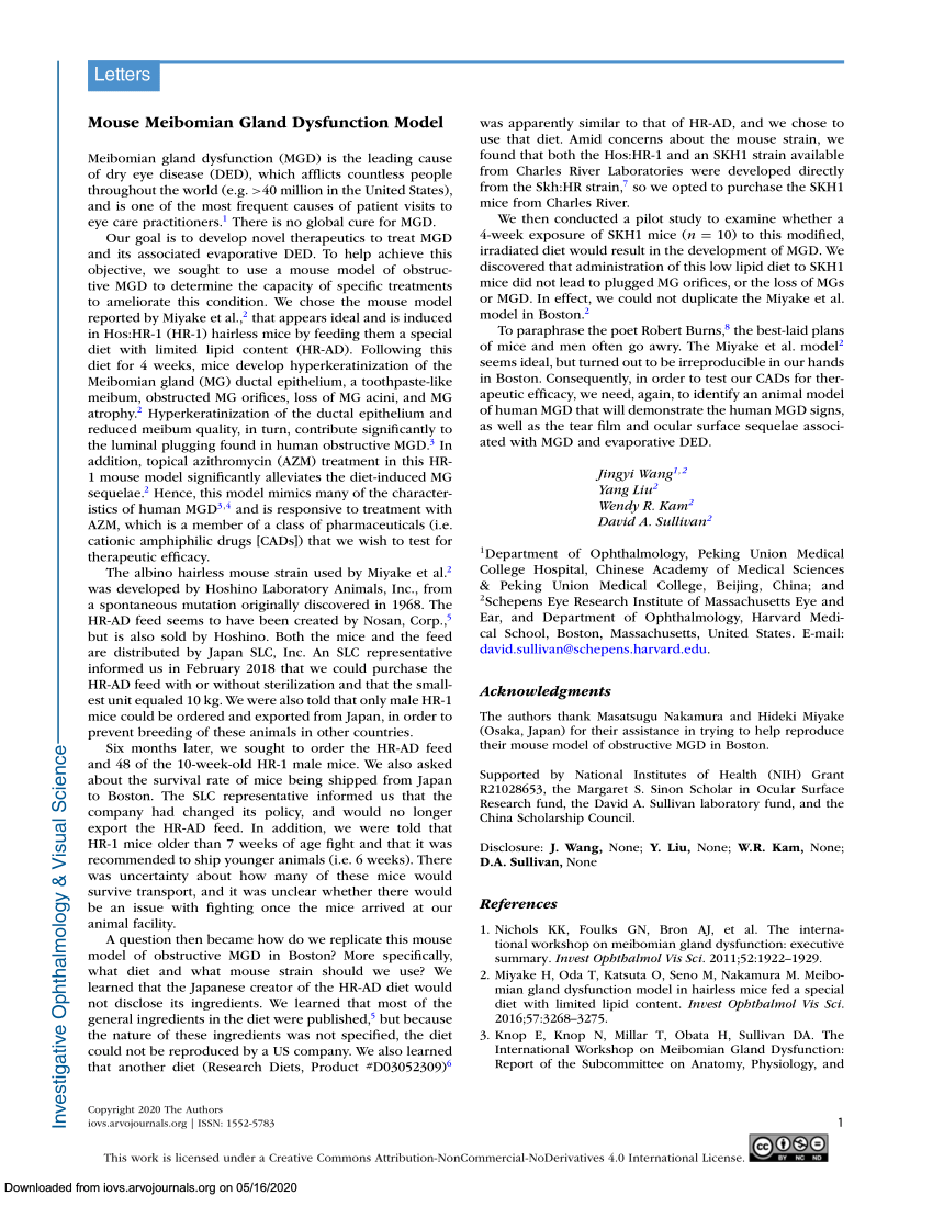 Pdf Mouse Meibomian Gland Dysfunction Model