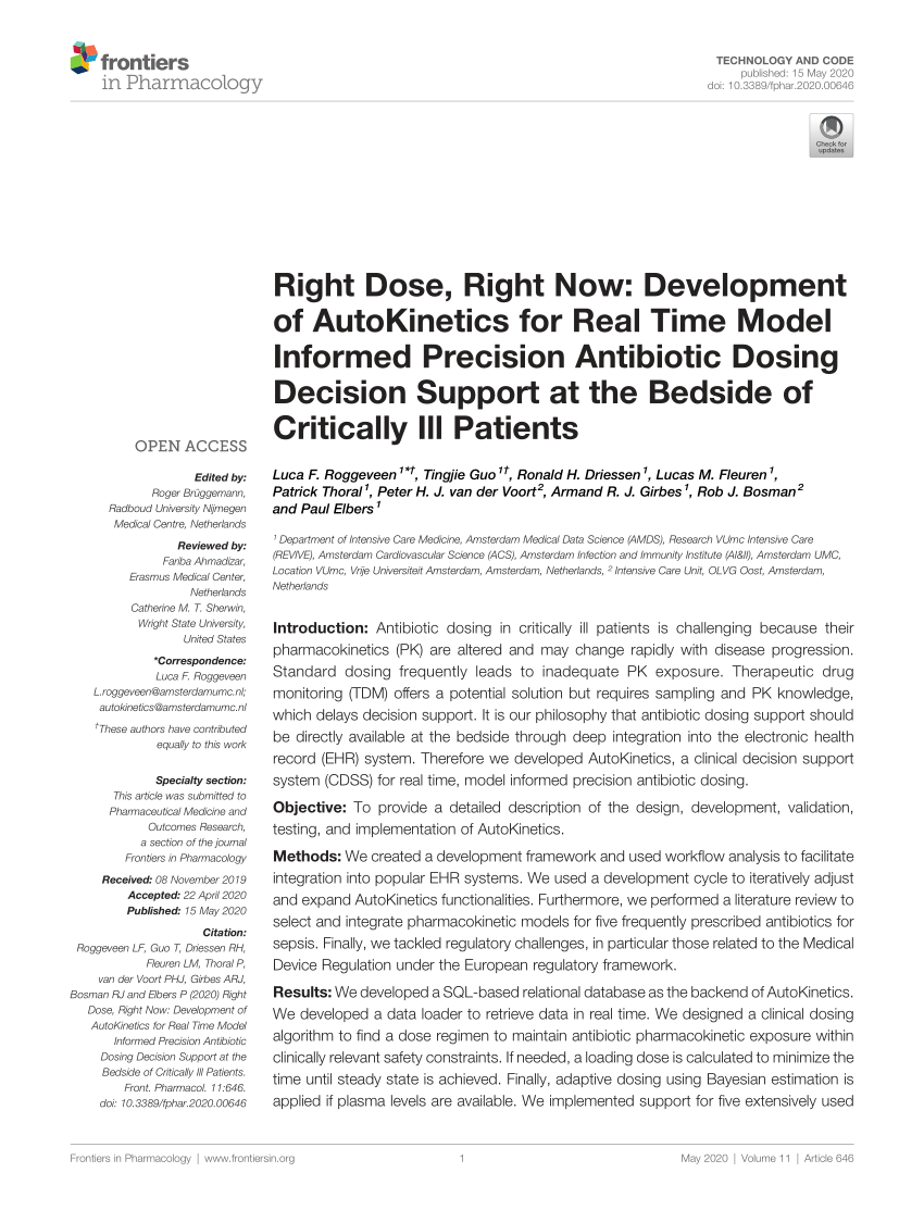 Pdf Right Dose Right Now Development Of Autokinetics For Real Time Model Informed Precision Antibiotic Dosing Decision Support At The Bedside Of Critically Ill Patients