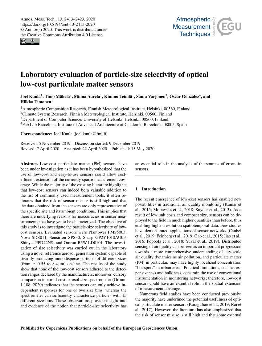 Pdf Laboratory Evaluation Of Particle Size Selectivity Of Optical Low Cost Particulate Matter Sensors