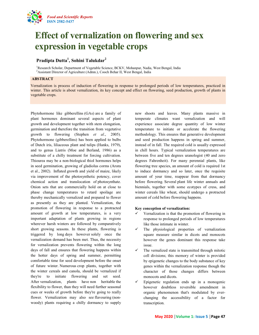 Pdf Effect Of Vernalization On Flowering And Sex Expression In