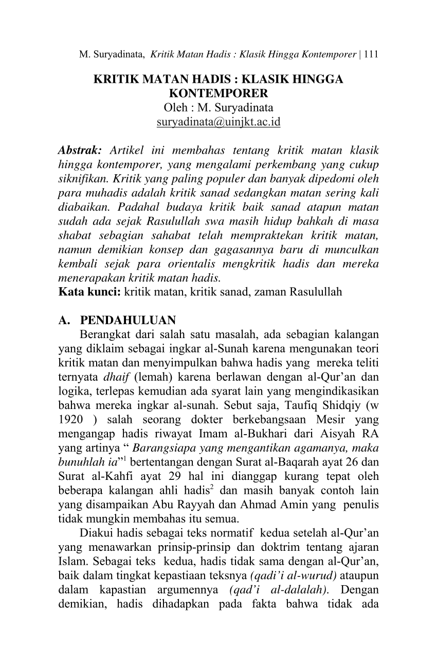 Pdf Kritik Matan Hadis Klasik Hingga Kontemporer 0347