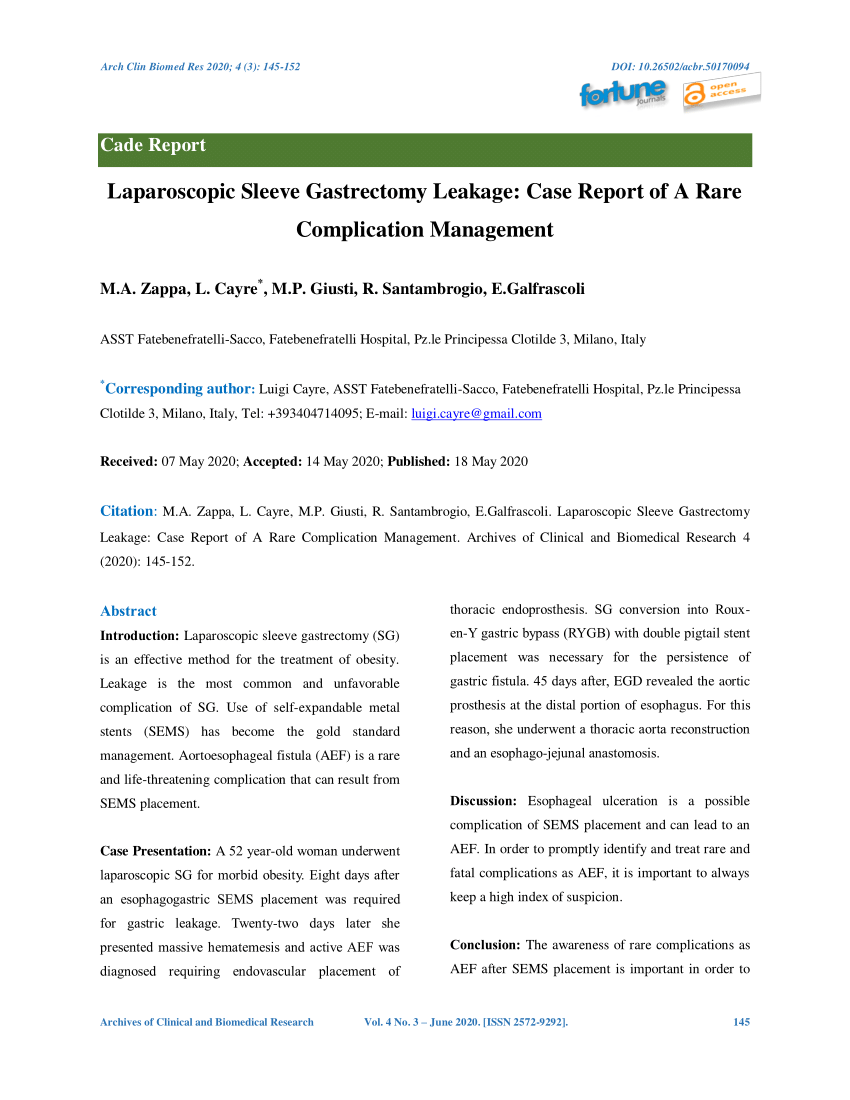 Pdf Laparoscopic Sleeve Gastrectomy Leakage Case Report Of A Rare Complication Management