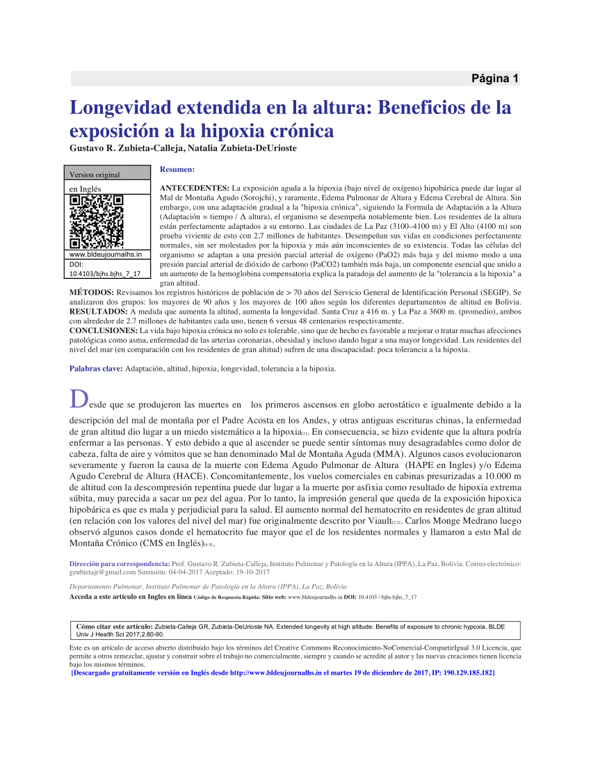 Pdf Longevidad Extendida En La Altura Beneficios De La Exposicion A La Hipoxia Cronica Version En Espanol