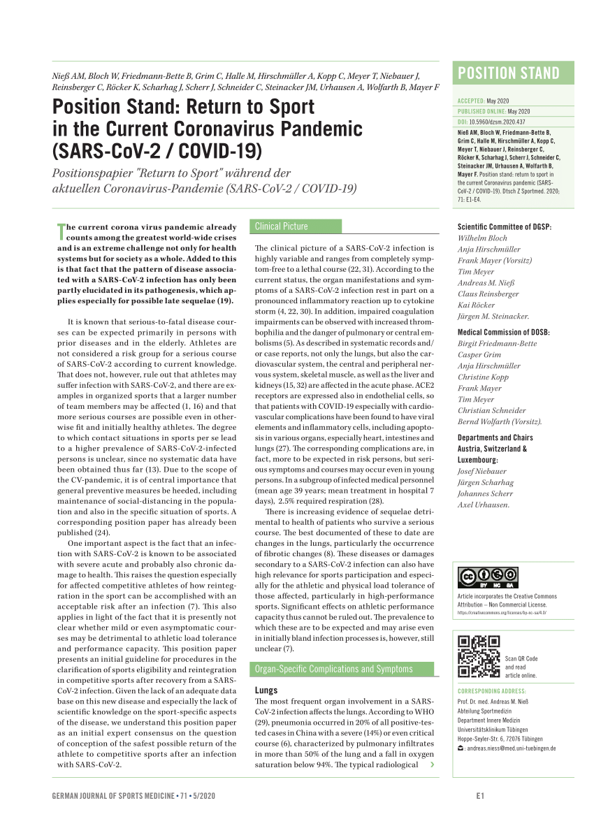 Pdf Position Stand Return To Sport In The Current Coronavirus Pandemic Sars Cov 2 Covid 19