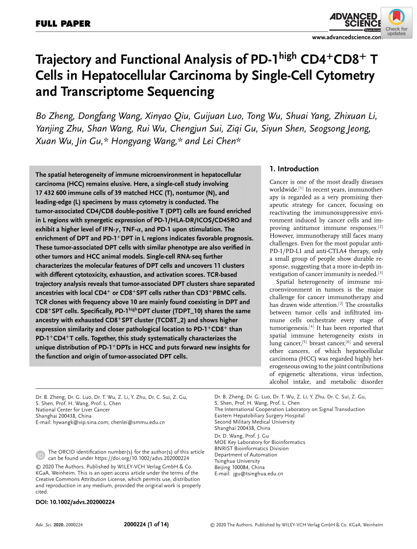 Pdf Trajectory And Functional Analysis Of Pd 1 High Cd4 Cd8 T Cells In Hepatocellular Carcinoma By Single Cell Cytometry And Transcriptome Sequencing