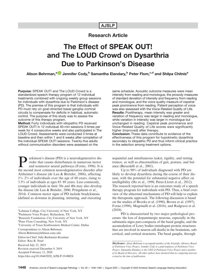 (PDF) The Effect of SPEAK OUT and The LOUD Crowd on Dysarthria Due to