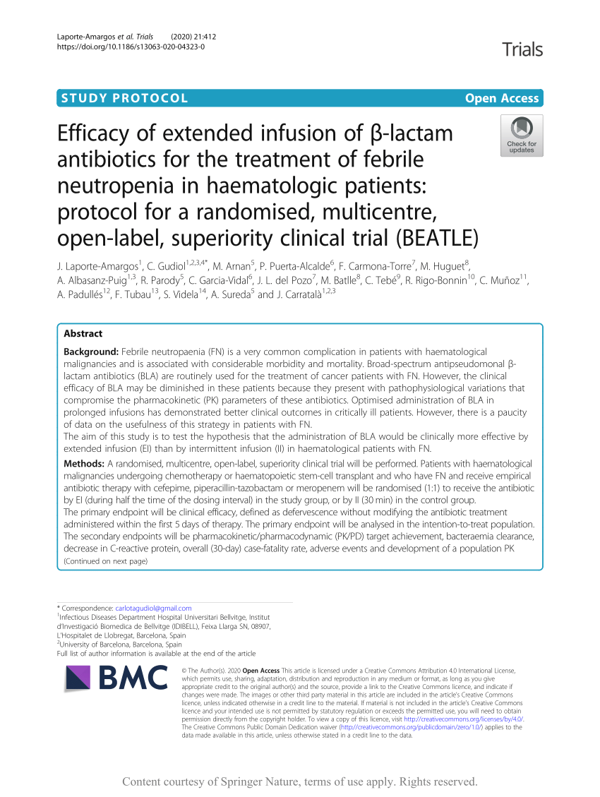 Pdf Efficacy Of Extended Infusion Of B Lactam Antibiotics For The Treatment Of Febrile Neutropenia In Haematologic Patients Protocol For A Randomised Multicentre Open Label Superiority Clinical Trial Beatle