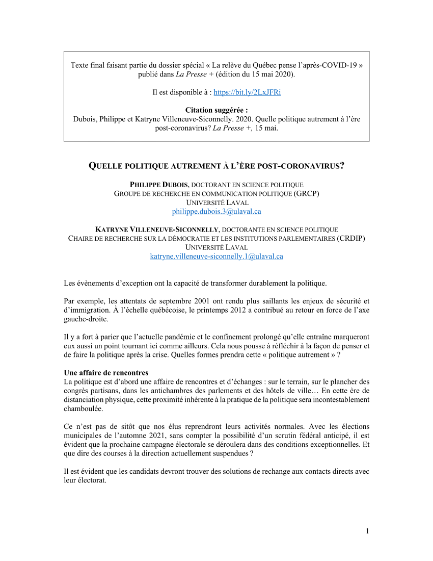 Pdf Quelle Politique Autrement A L Ere Post Coronavirus