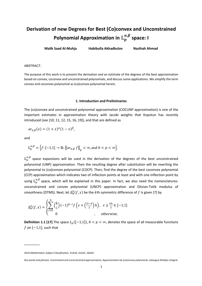 Pdf Derivation Of New Degrees For Best Co Convex And Unconstrained Polynomial Approximation In Mathbb L Alpha Beta P Space I