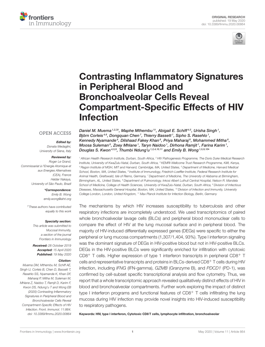 Pdf Contrasting Inflammatory Signatures In Peripheral Blood And Bronchoalveolar Cells Reveal Compartment Specific Effects Of Hiv Infection
