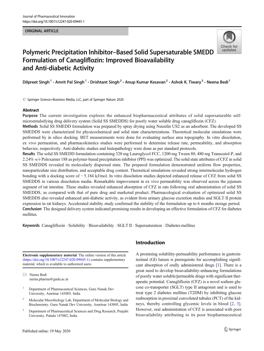 Pdf Polymeric Precipitation Inhibitor Based Solid Supersaturable Smedd Formulation Of Canagliflozin Improved Bioavailability And Anti Diabetic Activity