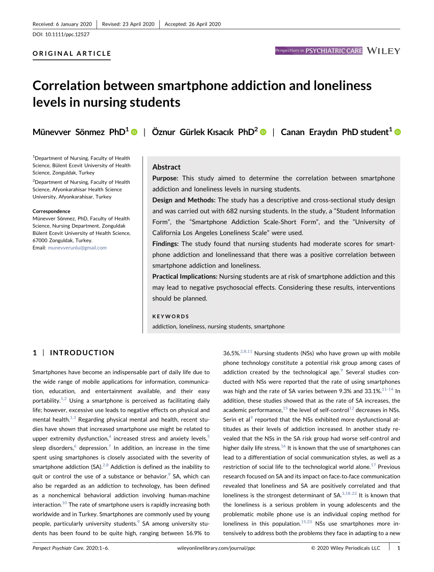 Pdf Correlation Between Smartphone Addiction And Loneliness Levels In Nursing Students