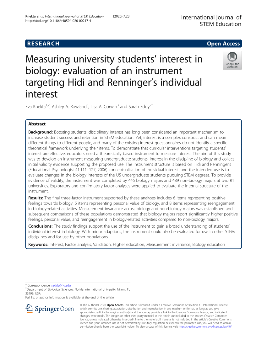 Pdf Measuring University Students Interest In Biology