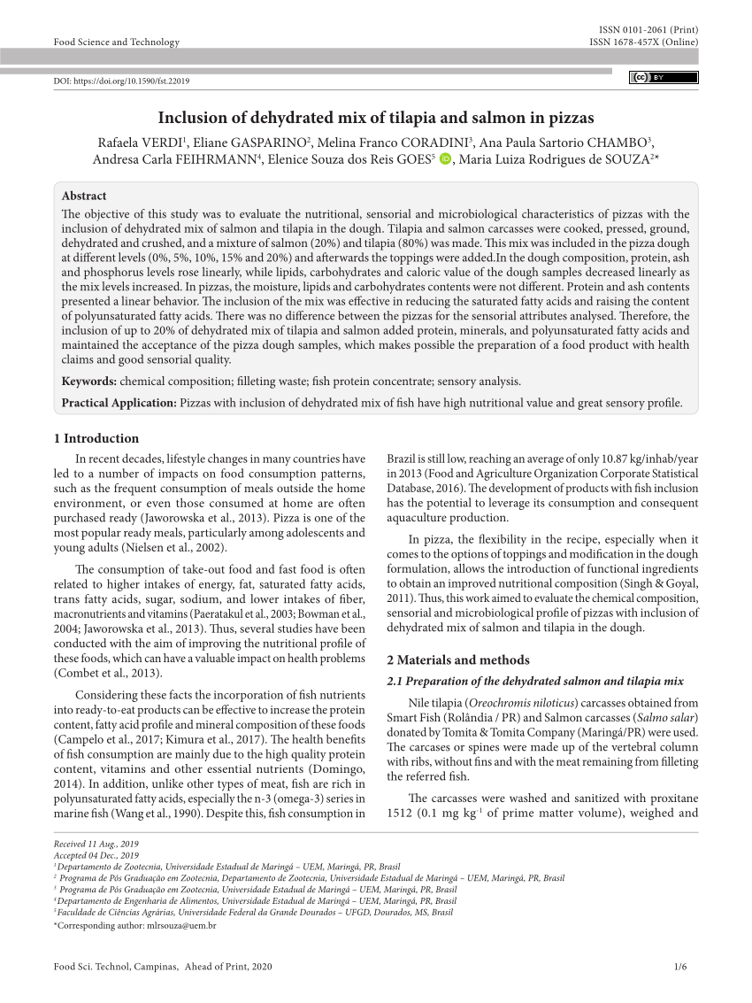 Pdf Inclusion Of Dehydrated Mix Of Tilapia And Salmon In Pizzas