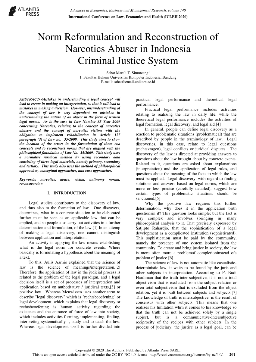 Pdf Norm Reformulation And Reconstruction Of Narcotics Abuser In Indonesia Criminal Justice System