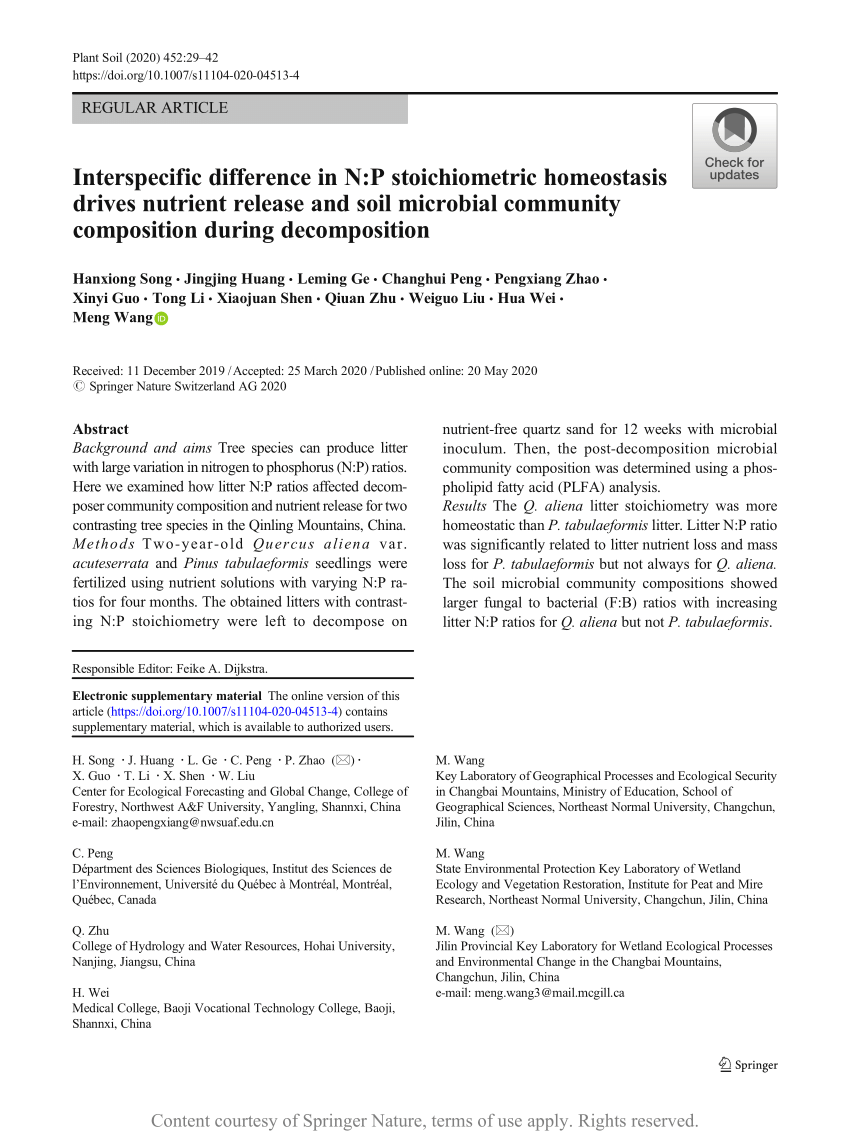 Interspecific Difference In N P Stoichiometric Homeostasis Drives Nutrient Release And Soil Microbial Community Composition During Decomposition Request Pdf