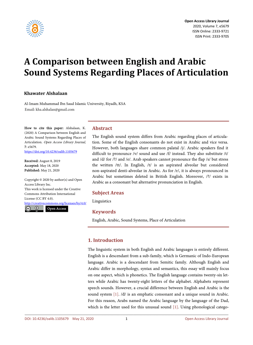 Pdf A Comparison Between English And Arabic Sound Systems Regarding Places Of Articulation