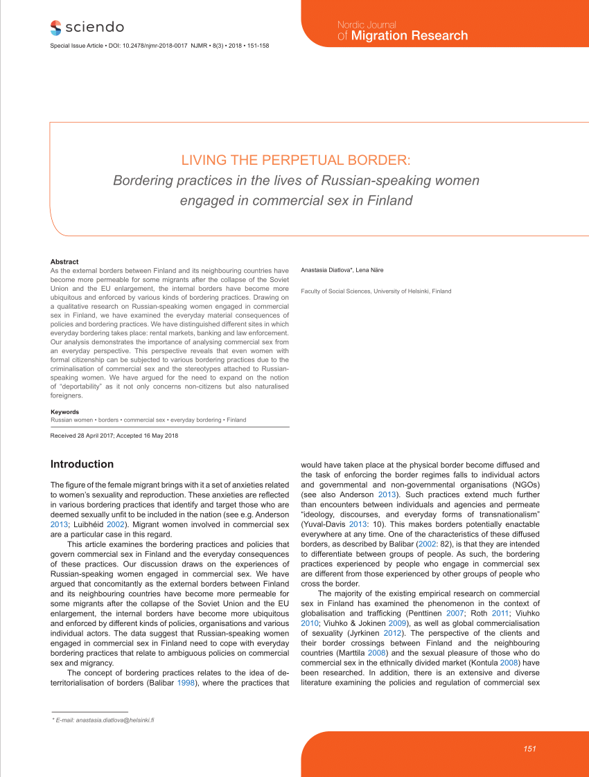 PDF) LIVING THE PERPETUAL BORDER: Bordering practices in the lives of  Russian-speaking women engaged in commercial sex in Finland