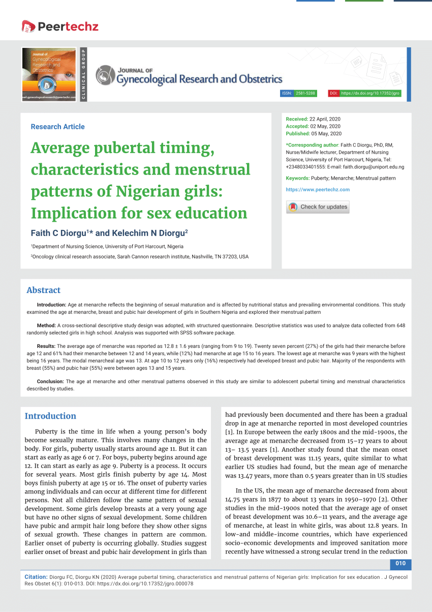 PDF) Average pubertal timing, characteristics and menstrual patterns of Nigerian  girls: Implication for sex education