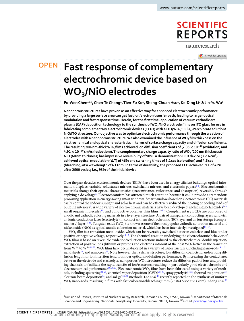 (PDF) Fast response of complementary electrochromic device based 