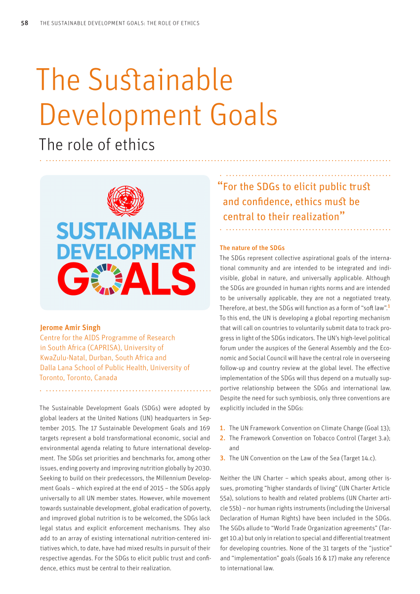 Pdf The Sustainable Development Goals The Role Of Ethics