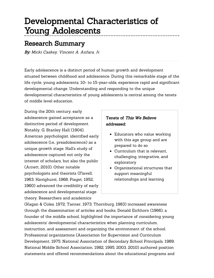 PDF Developmental Characteristics of Young Adolescents Research