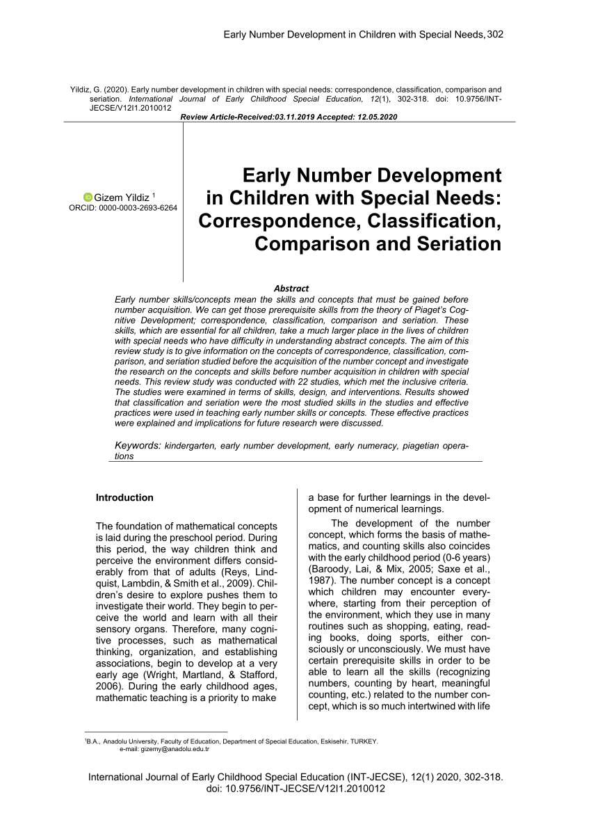 Pdf Early Number Development In Children With Special Needs