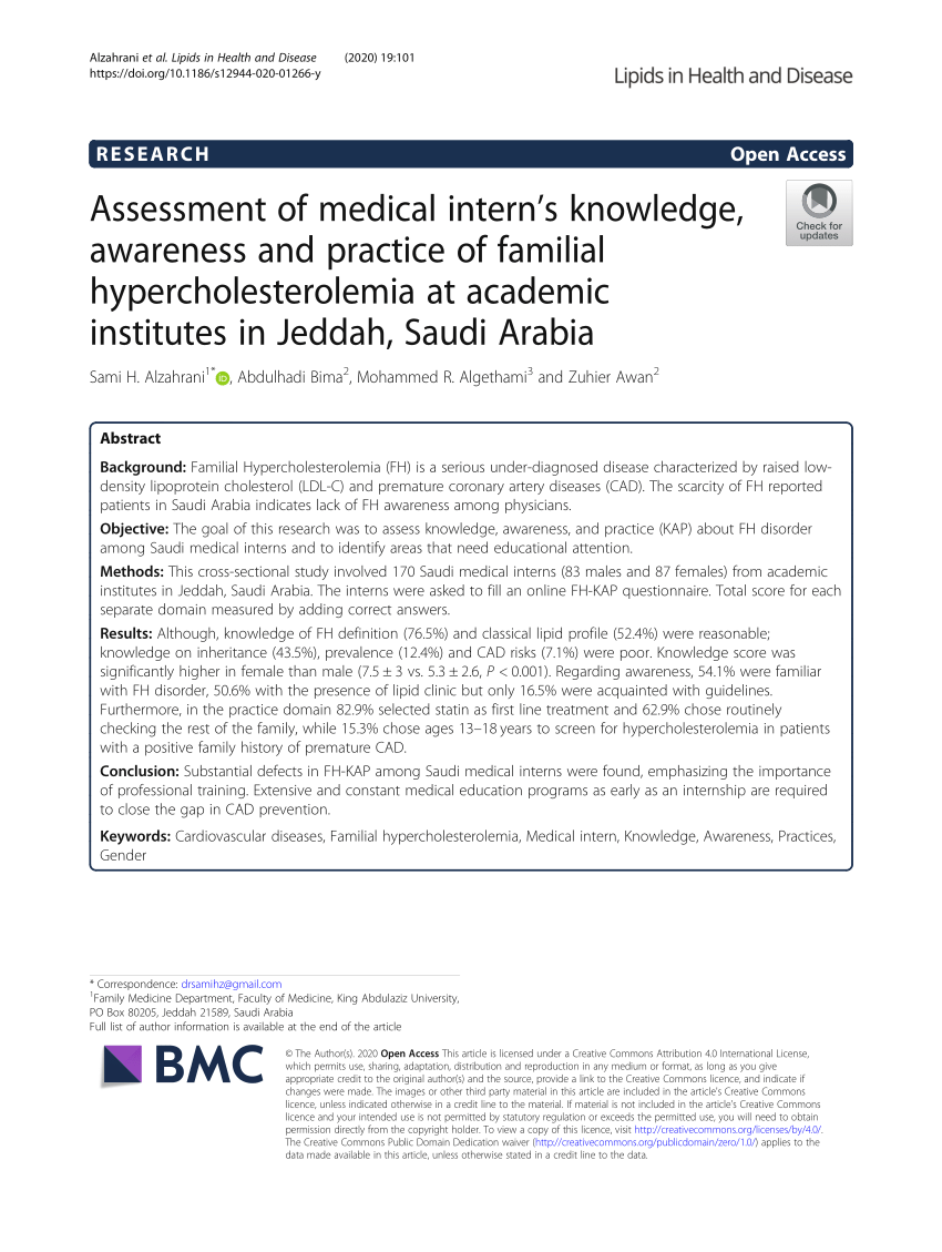 PDF) Assessment of medical intern's knowledge, awareness and practice of  familial hypercholesterolemia at academic institutes in Jeddah, Saudi Arabia