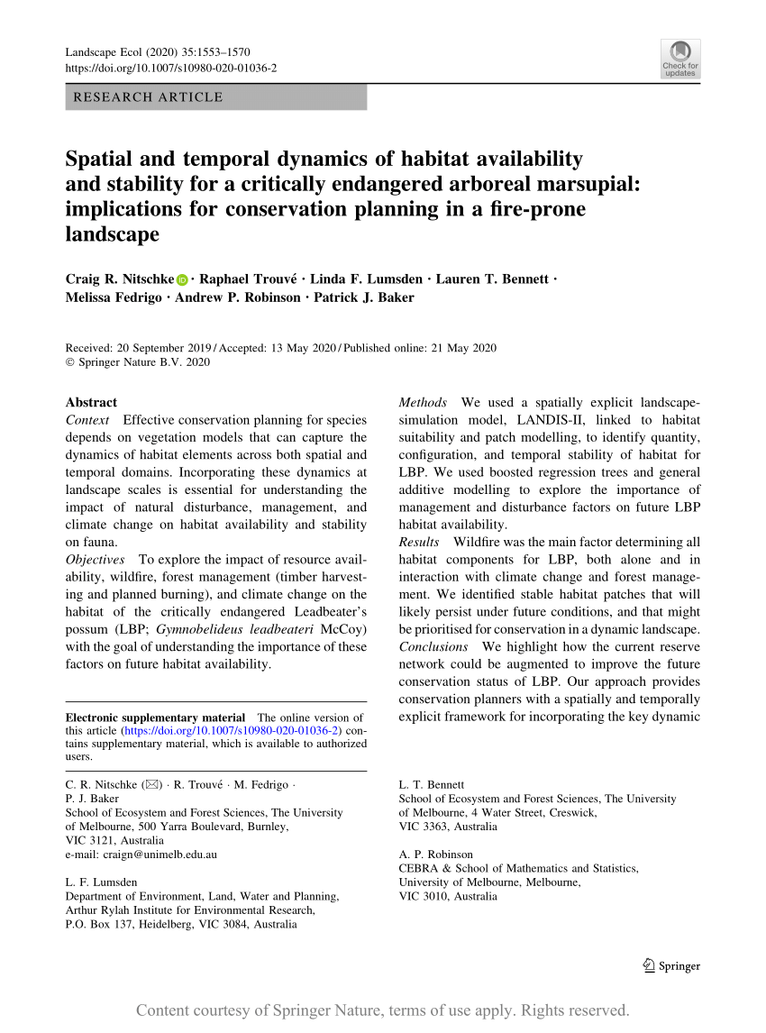 Spatial And Temporal Dynamics Of Habitat Availability And Stability For A Critically Endangered Arboreal Marsupial Implications For Conservation Planning In A Fire Prone Landscape Request Pdf