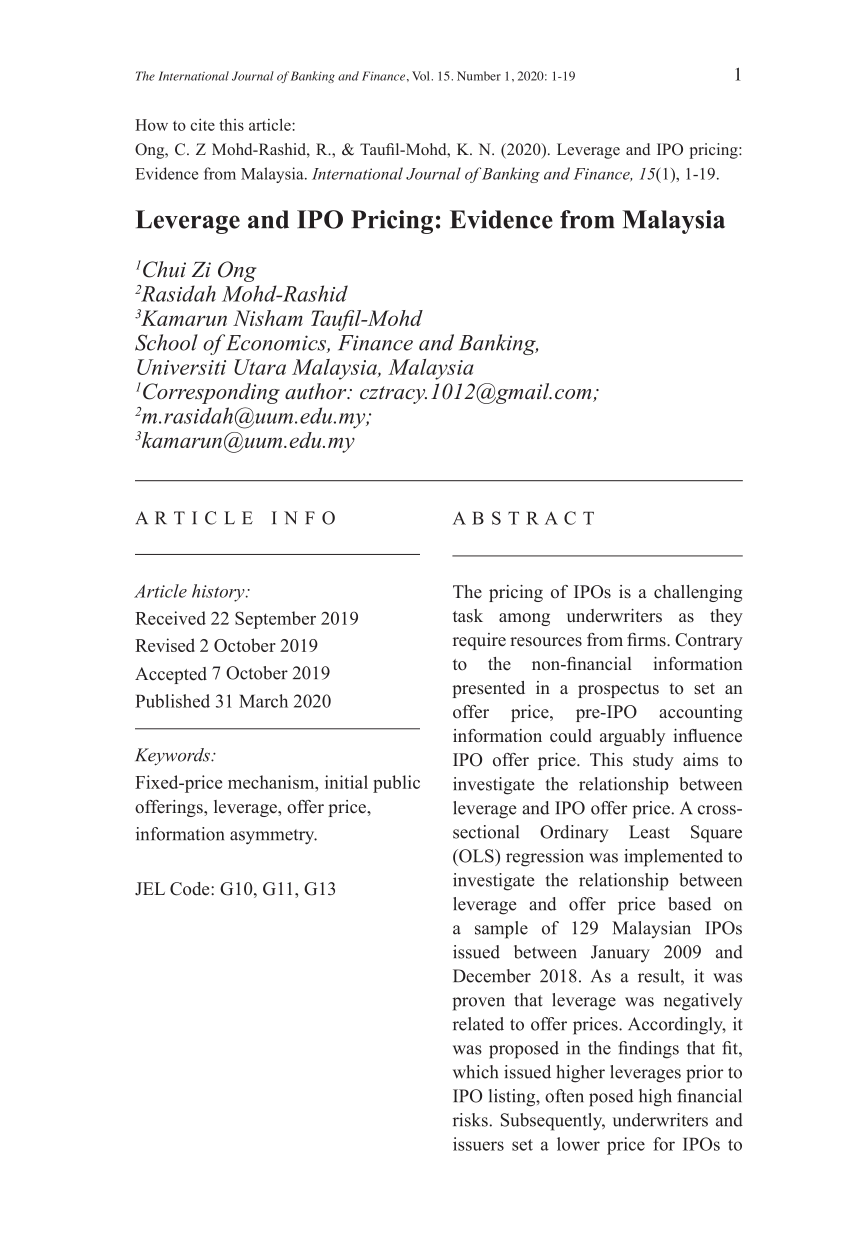 Pdf Leverage And Ipo Pricing Evidence From Malaysia