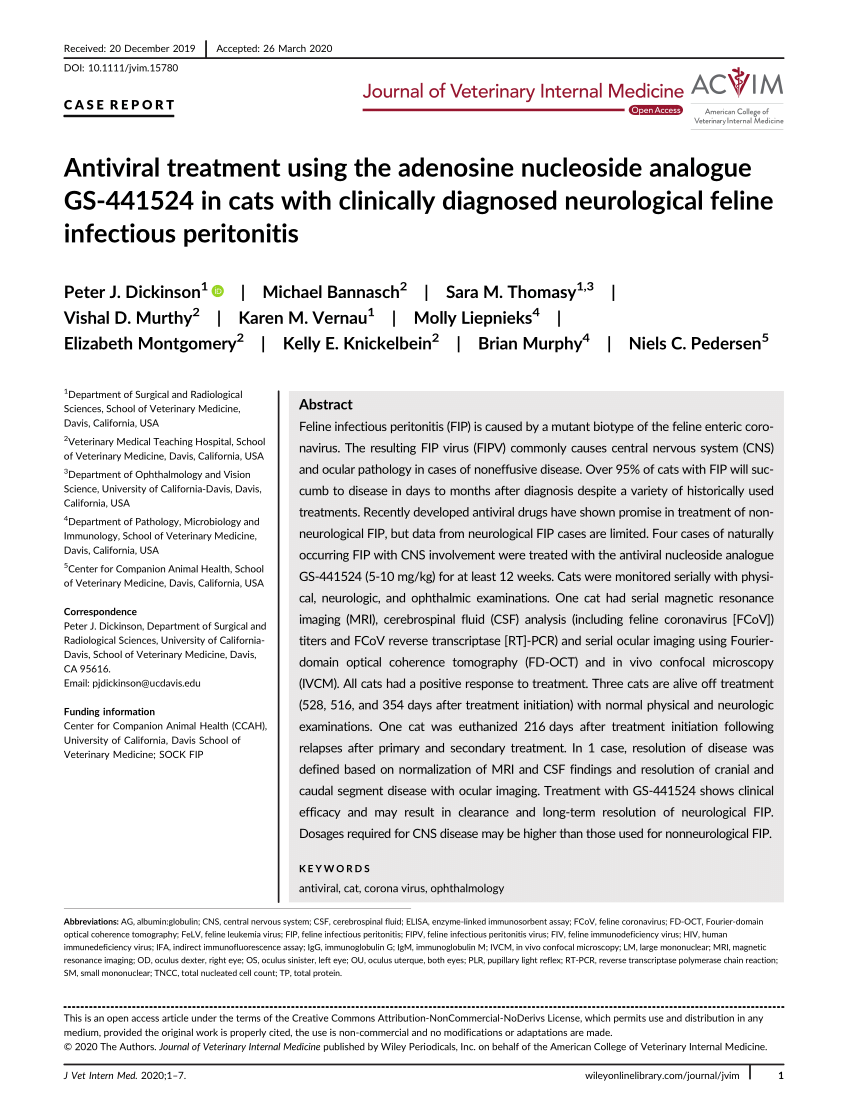 Pdf Antiviral Treatment Using The Adenosine Nucleoside Analogue Gs 441524 In Cats With Clinically Diagnosed Neurological Feline Infectious Peritonitis