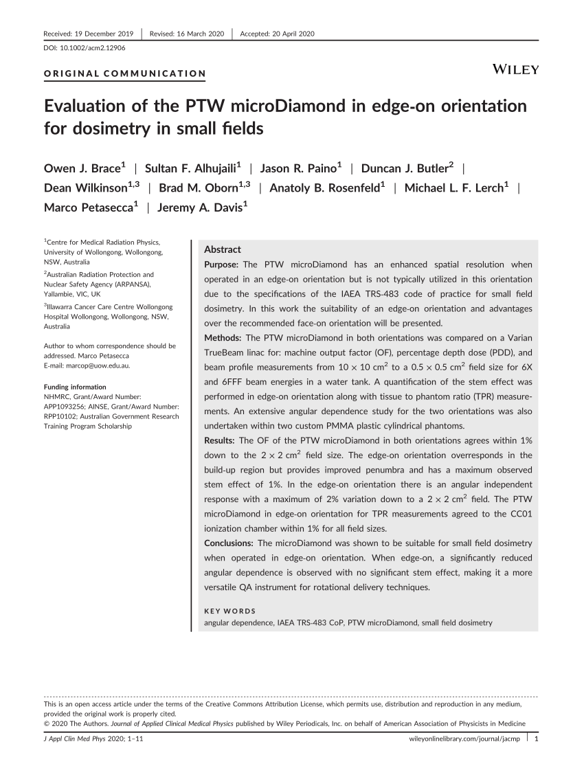 Pdf Evaluation Of The Ptw Microdiamond In Edge On Orientation For Dosimetry In Small Fields