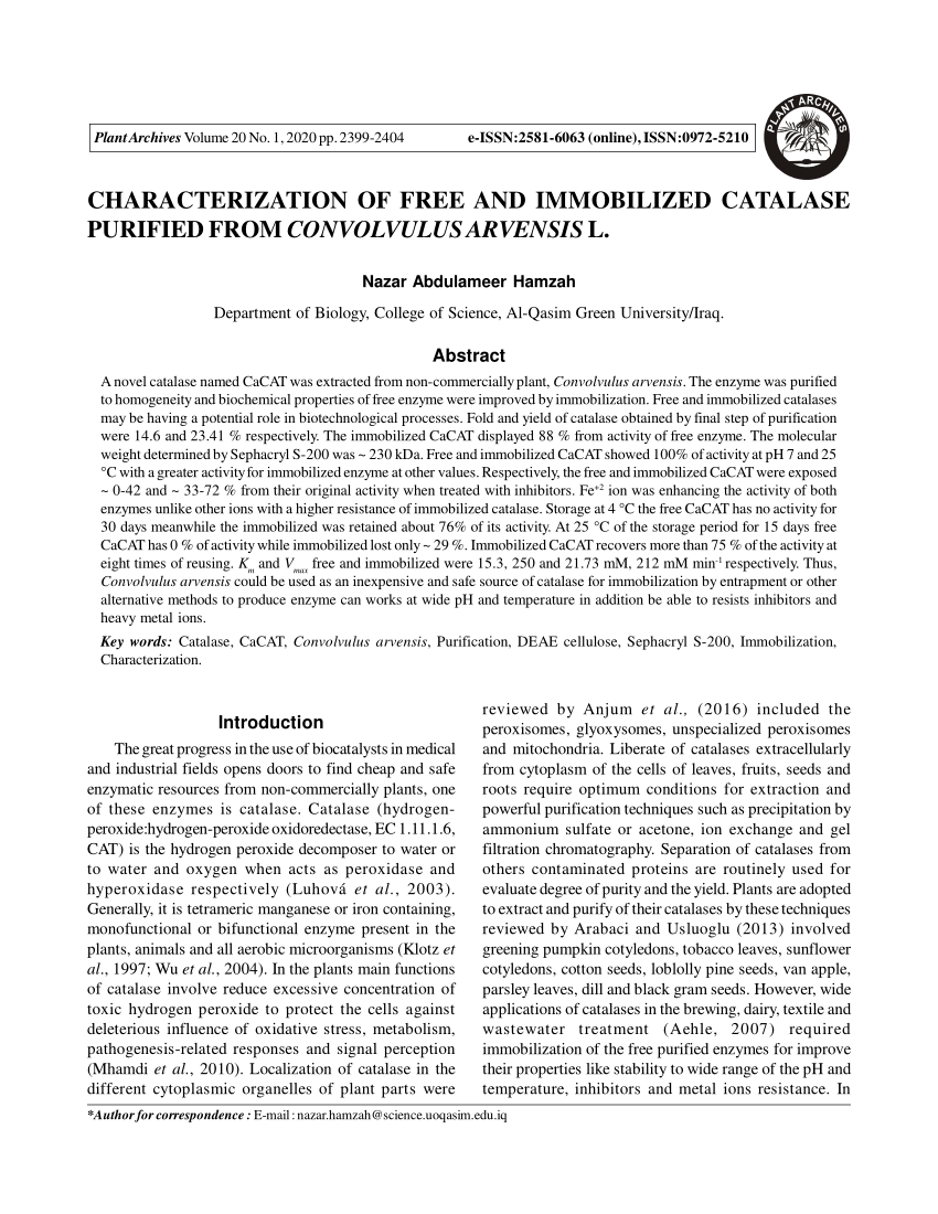 Pdf Characterization Of Free And Immobilized Catalase Purified From Convolvulus Arvensis L
